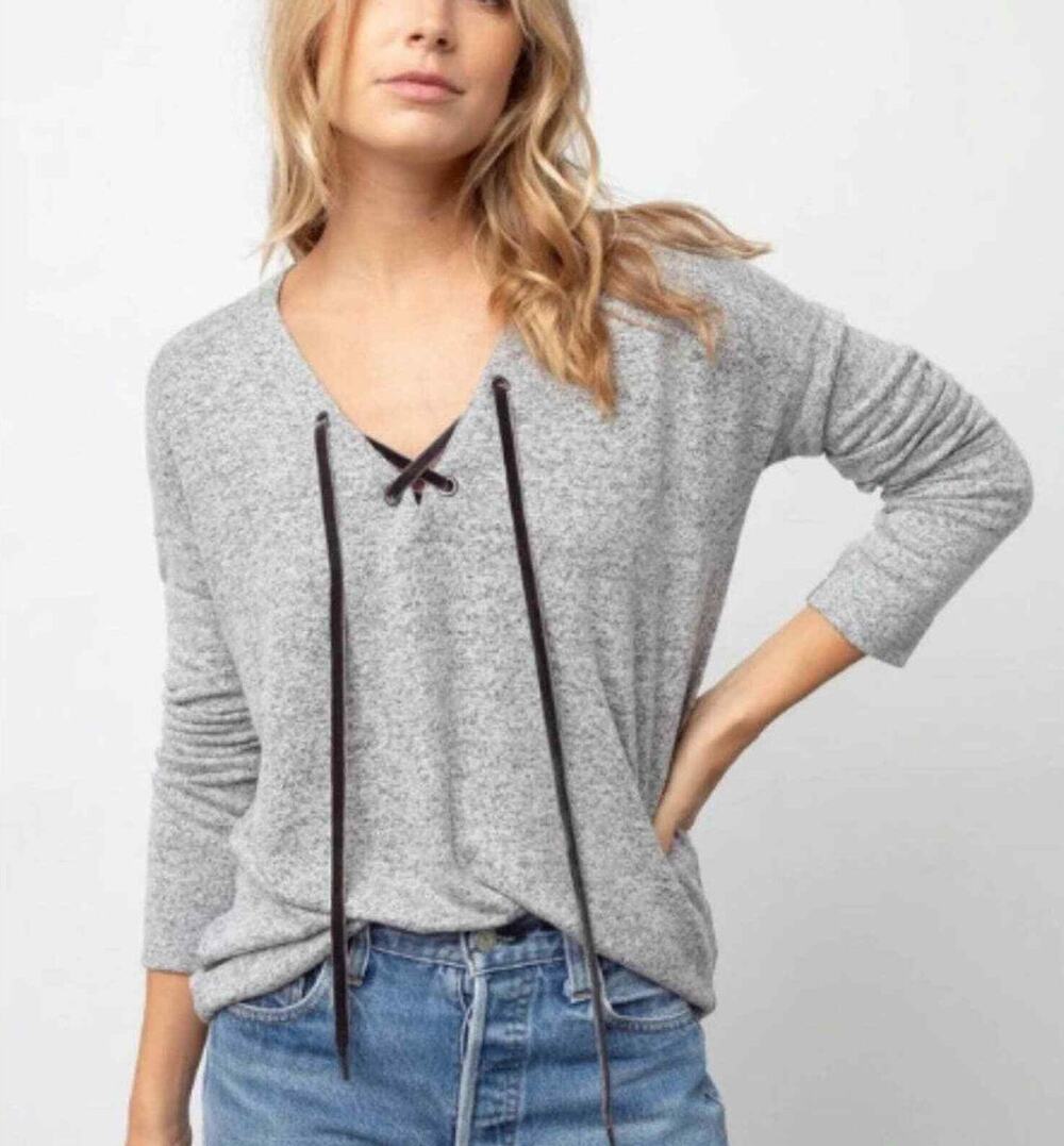 RAILS Leigh Melange Grey Long Sleeve Drop Shoulder Lace Up Sweater Size S Small
